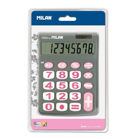 Blíster calculadora gris y rosa 8 dígitos, teclas grandes