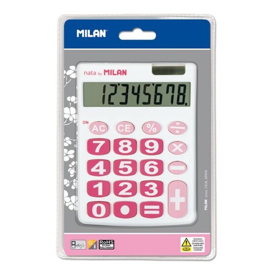 Blíster calculadora blanco y rosa 8 dígitos, teclas grandes
