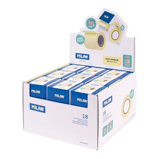 Caja expositora 18 rollos dispensadores de banda de papel adhesivo,color amarillo pastel