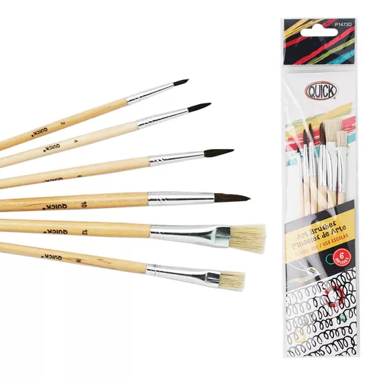 Pinceles escolares madera natural blister 6 piezas
