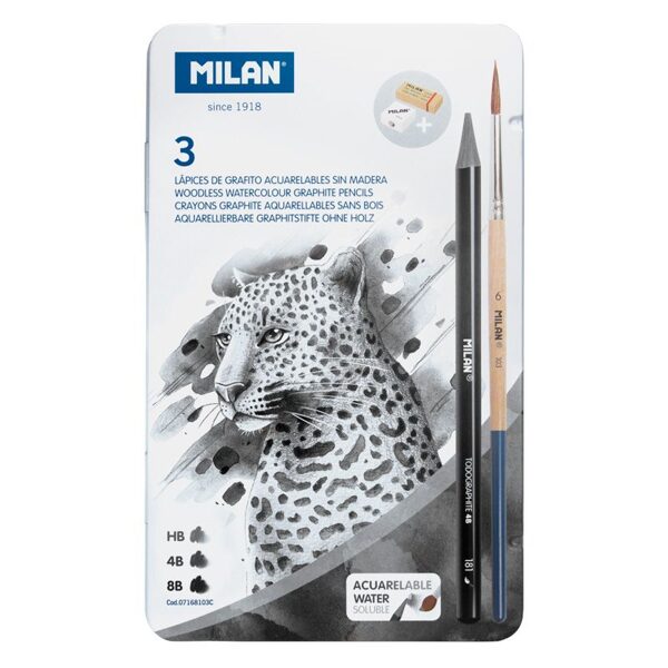 Caja metálica 3 lápices todo mina de grafito acuarelable Todographite (HB, 4B y 8B) + sacapuntas Afila + goma The Master Gum + pincel