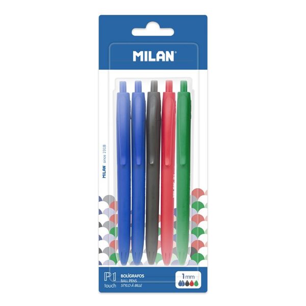 Blíster 5 bolígrafos P1 touch (2 azul, negro, rojo y verde)