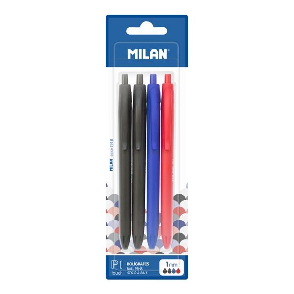 Blíster 4 bolígrafos P1 touch (2 negro, azul y rojo)