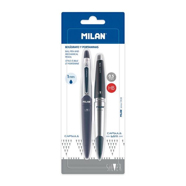 Blíster 1 bolígrafo tinta rosa + 1 portaminas 0,5 mm CAPSULE Silver azul