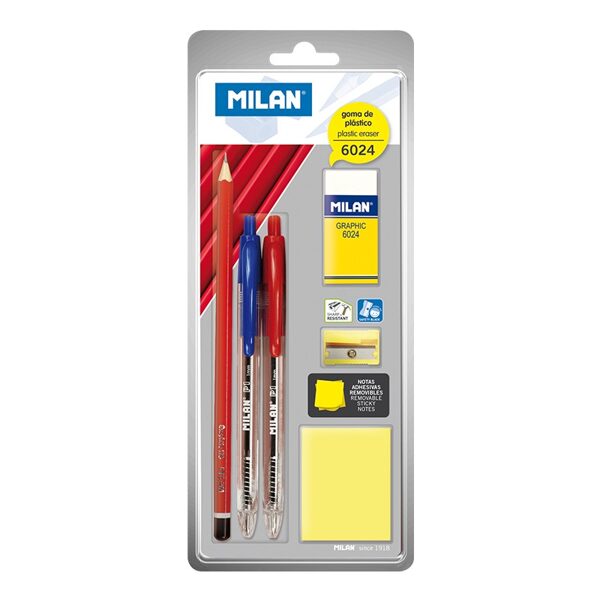 Blíster 2 bolígrafos P1, lápiz de grafito, goma 6024, sacapuntas y bloc de notas adhesivas